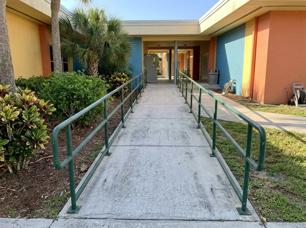 Two stacked handrails, one at adult height and one lower, along a ramp at a school entrance