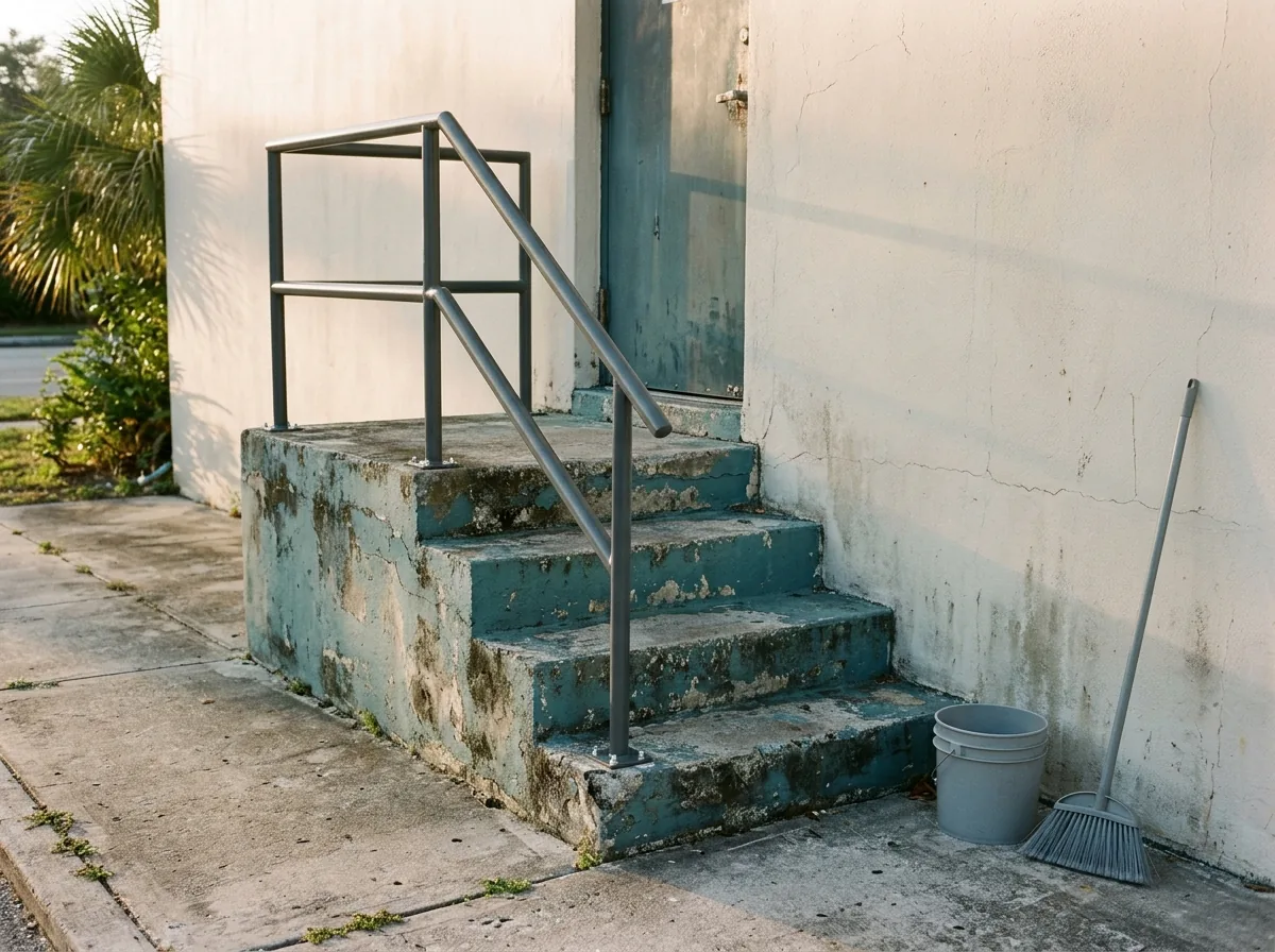 New steel handrail fitted to an older concrete stair at the side entrance of a retail building
