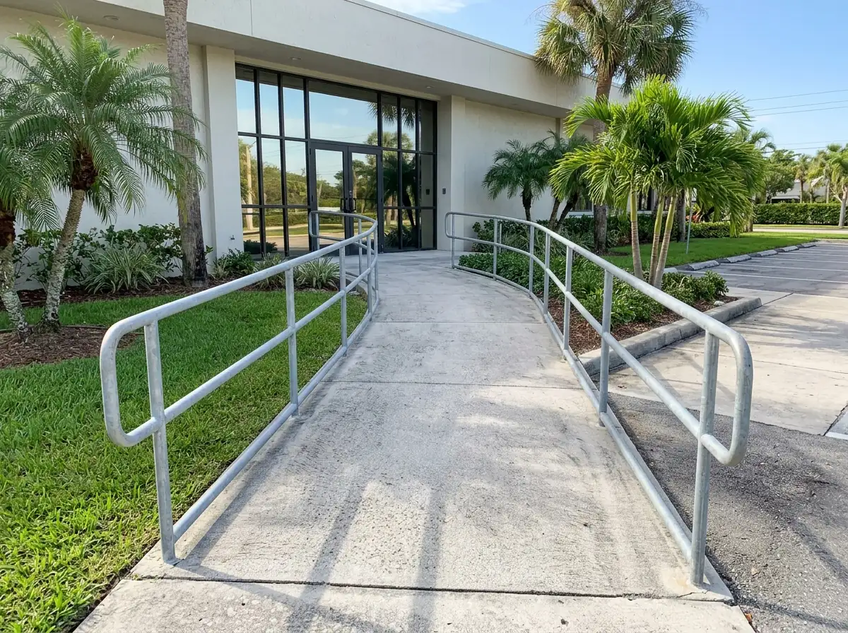Pair of galvanized steel handrails along both sides of a concrete wheelchair ramp at an office entrance