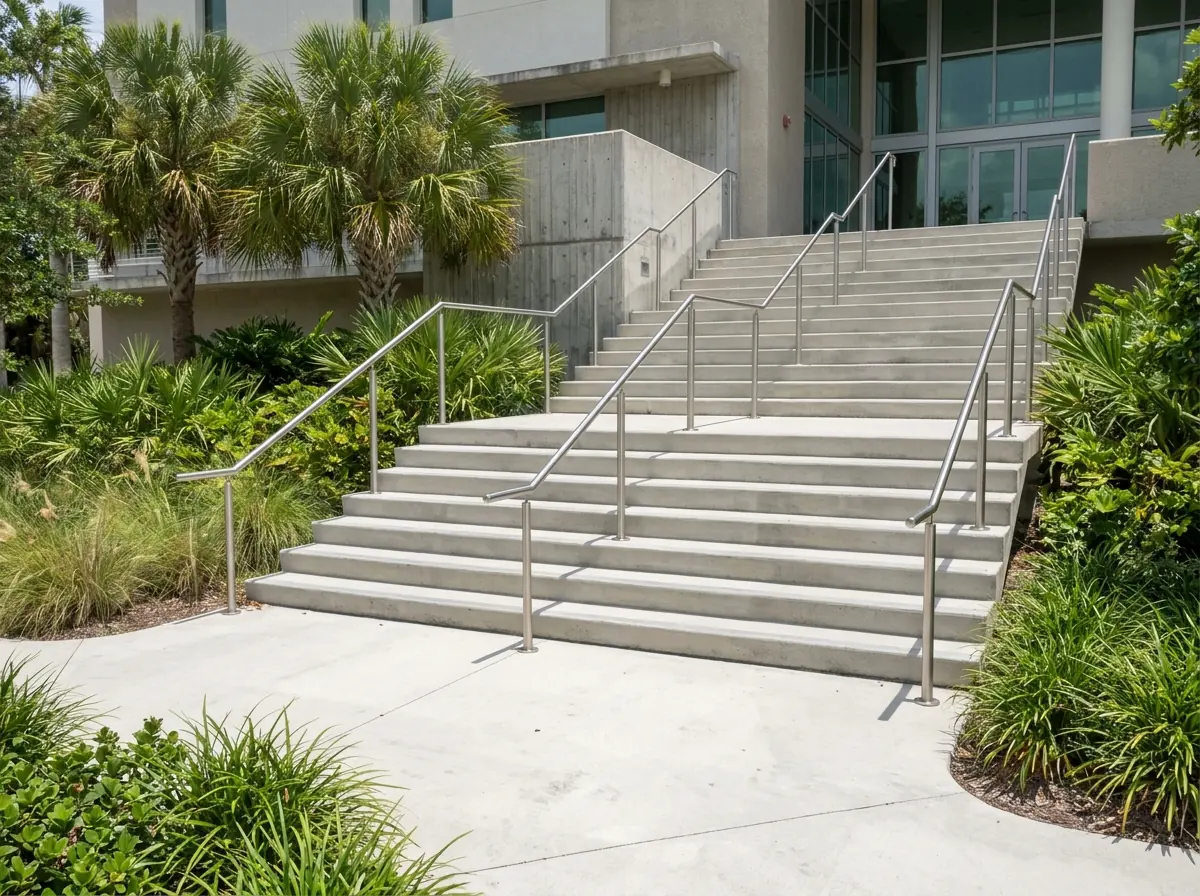 Round stainless handrails on both sides of an exterior concrete stair at a public building