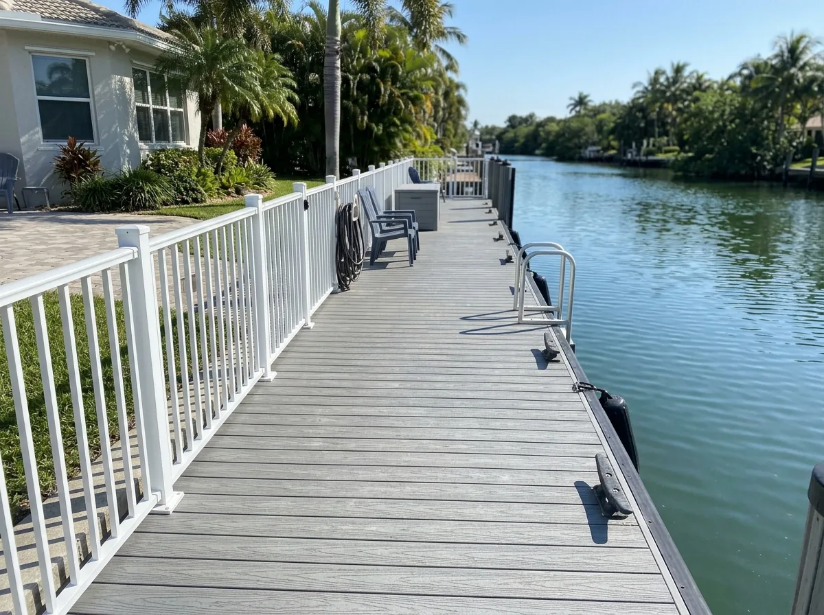 White powder-coated aluminum railing along the edge of a composite boat dock