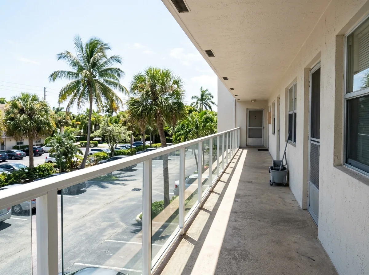 White aluminum posts and top rail with clear glass infill panels on a second-floor walkway