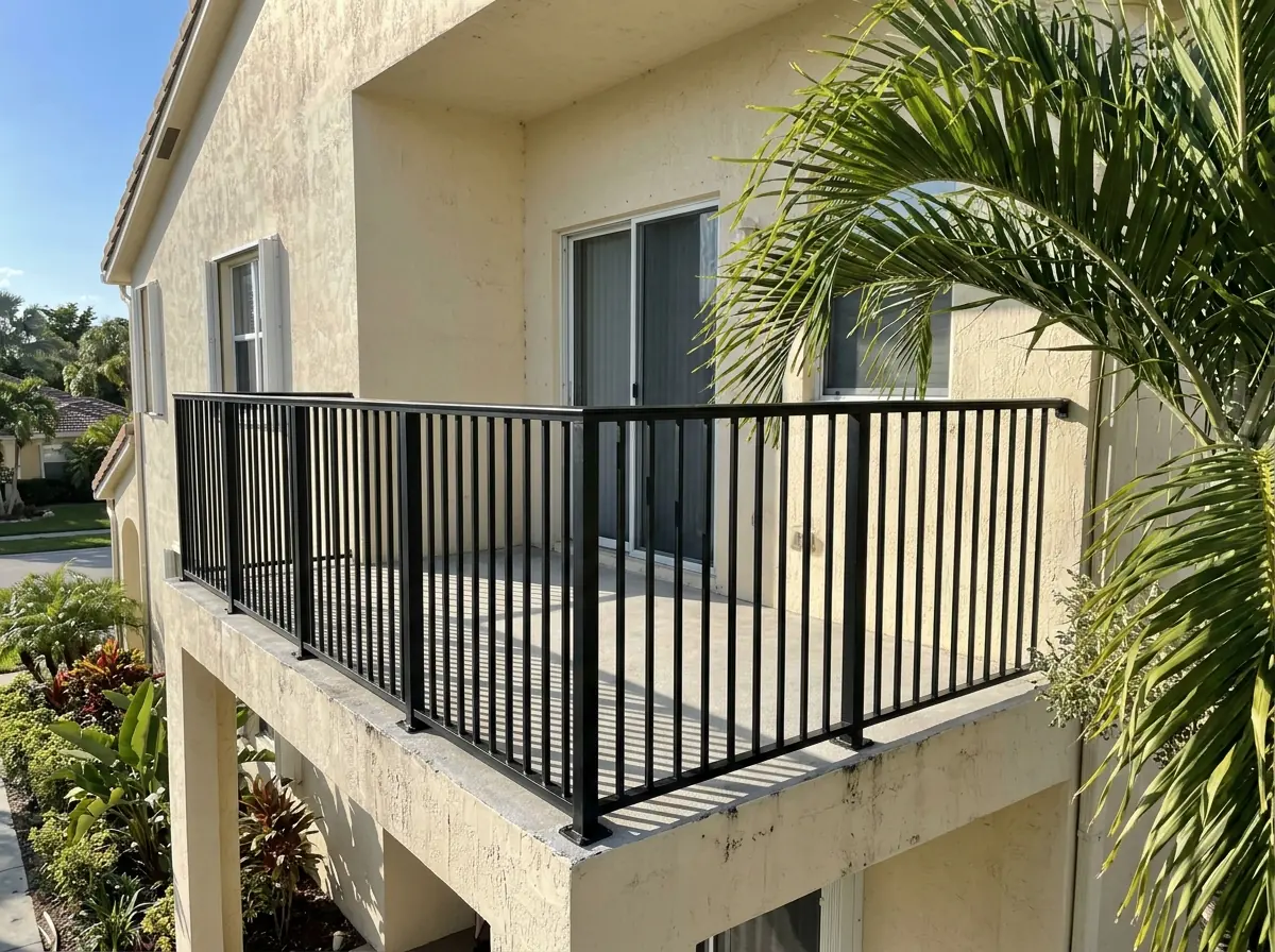 Black powder-coated aluminum picket railing along a second-floor townhouse balcony