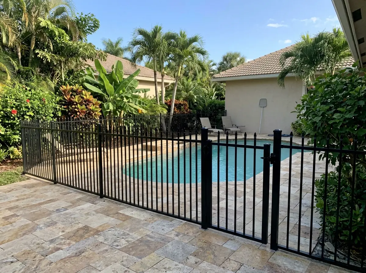 Black aluminum picket pool fence with a matching gate around a backyard pool