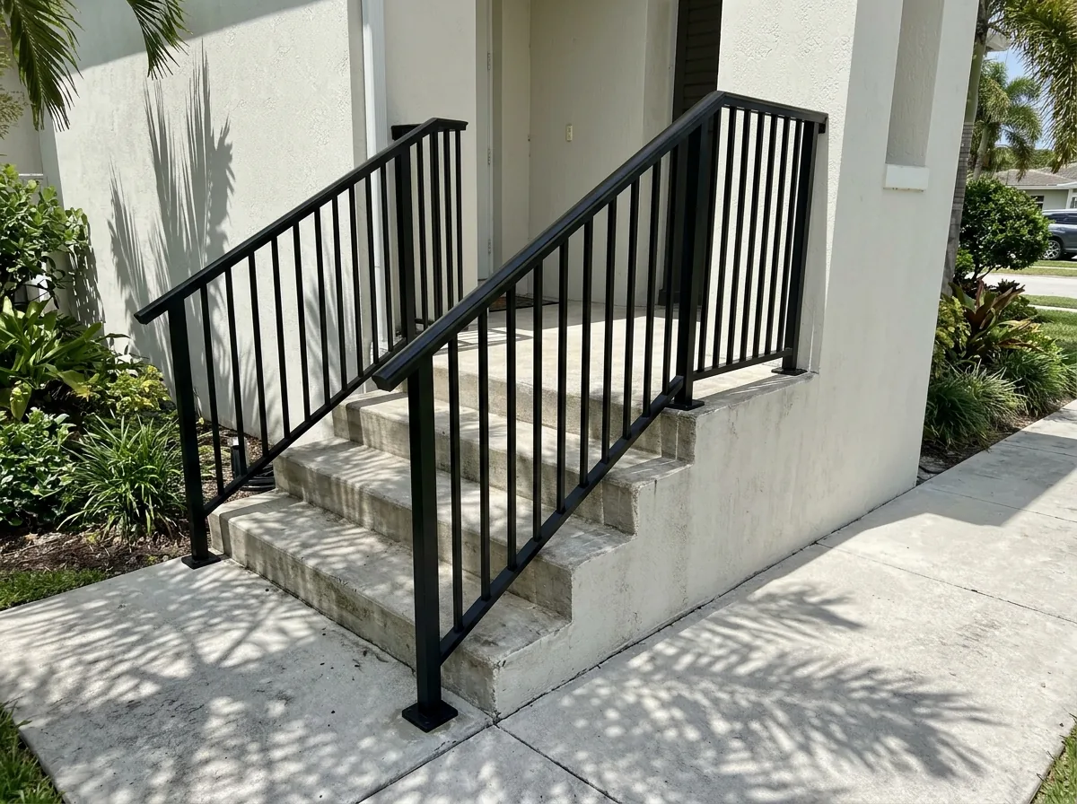 Black aluminum picket railing along concrete front steps of a stucco house