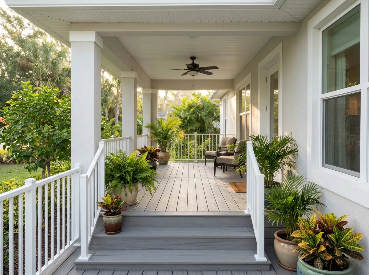 White aluminum railing on a covered front porch