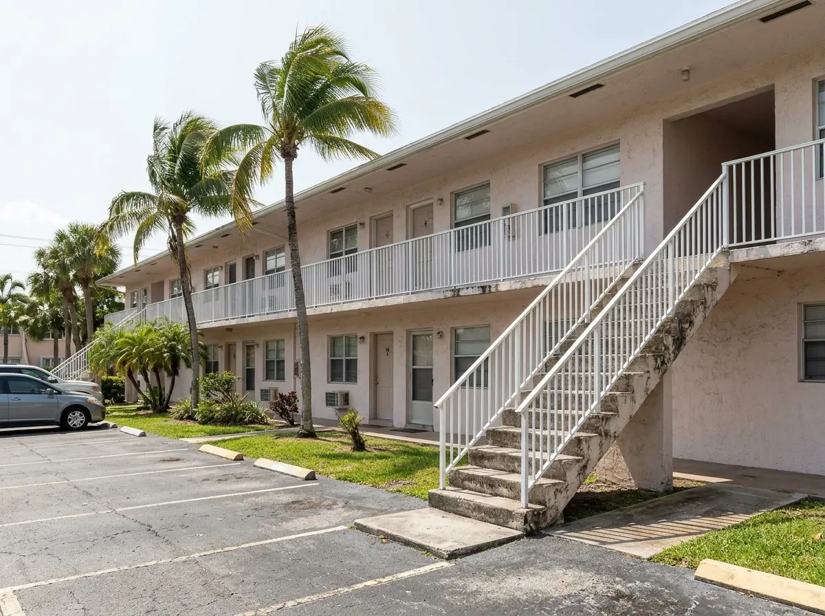 Aluminum picket guards and handrails along the open exterior stairs and walkways of a two-story apartment building