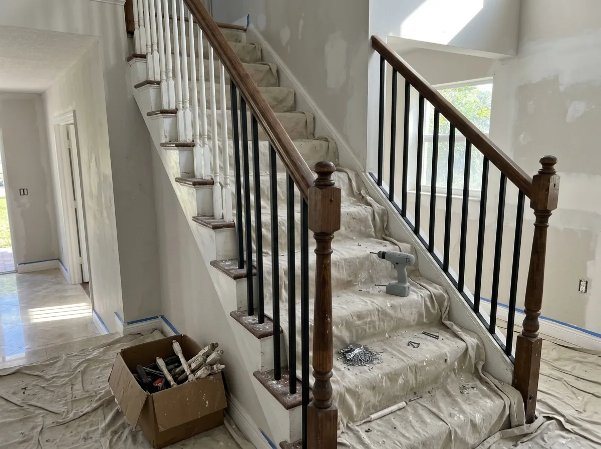 Staircase with a stained wood handrail kept in place and new black metal balusters replacing white wood spindles