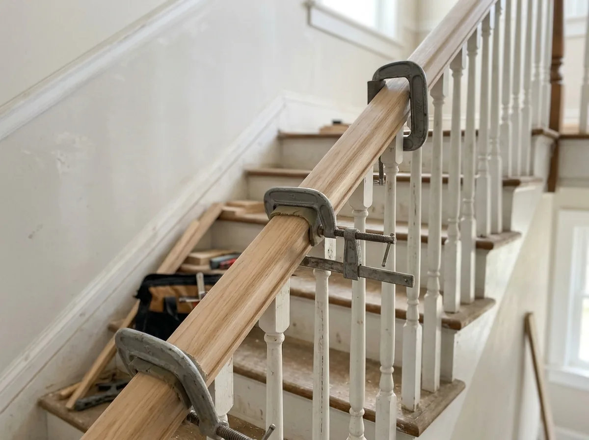 New hardwood handrail being fitted over existing balusters on an interior staircase