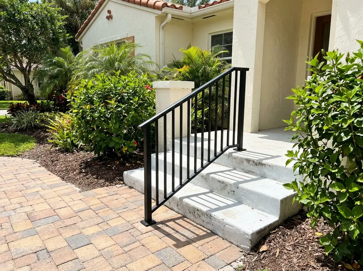 Black powder-coated aluminum picket railing on concrete entry steps
