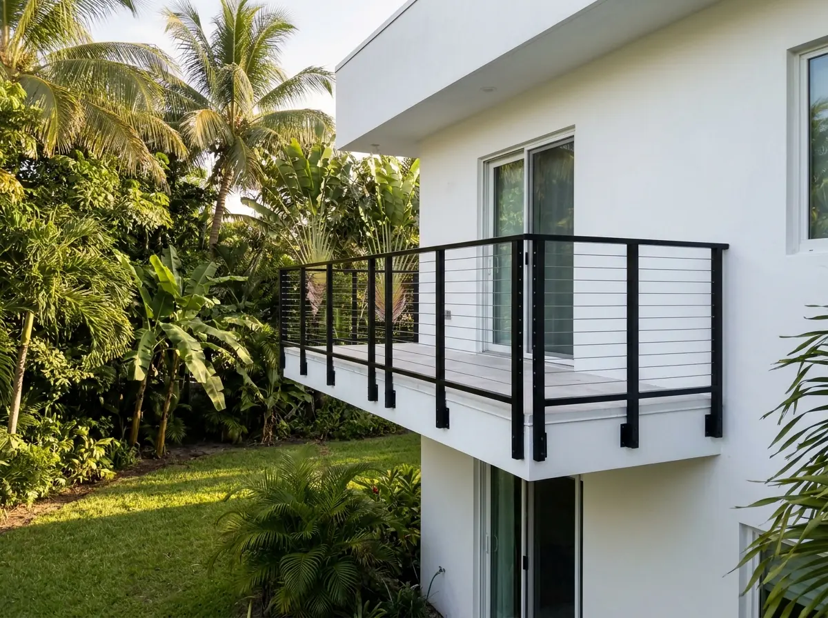 Black powder-coated aluminum posts with stainless cables on a second-floor balcony