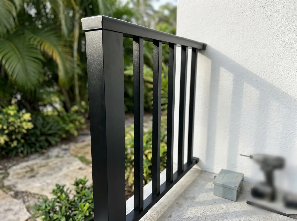 Close view of a black powder-coated aluminum railing post and pickets beside a white stucco wall