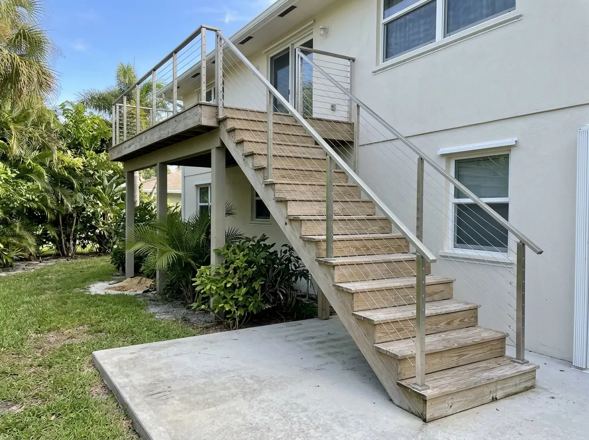Angled stainless cable railing following an exterior staircase to an upper deck
