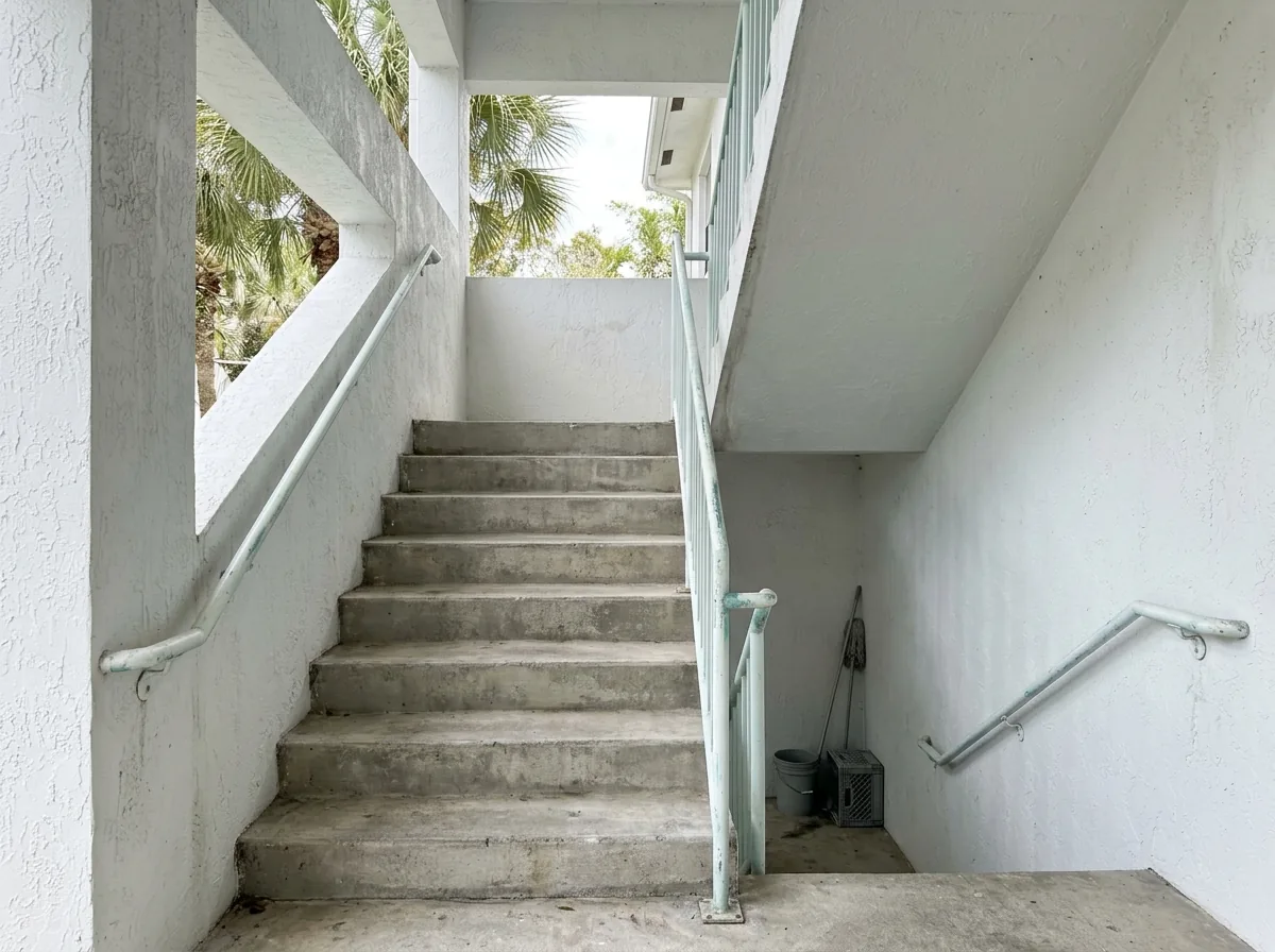 Steel pipe handrails on both sides of a concrete stair in a condo building