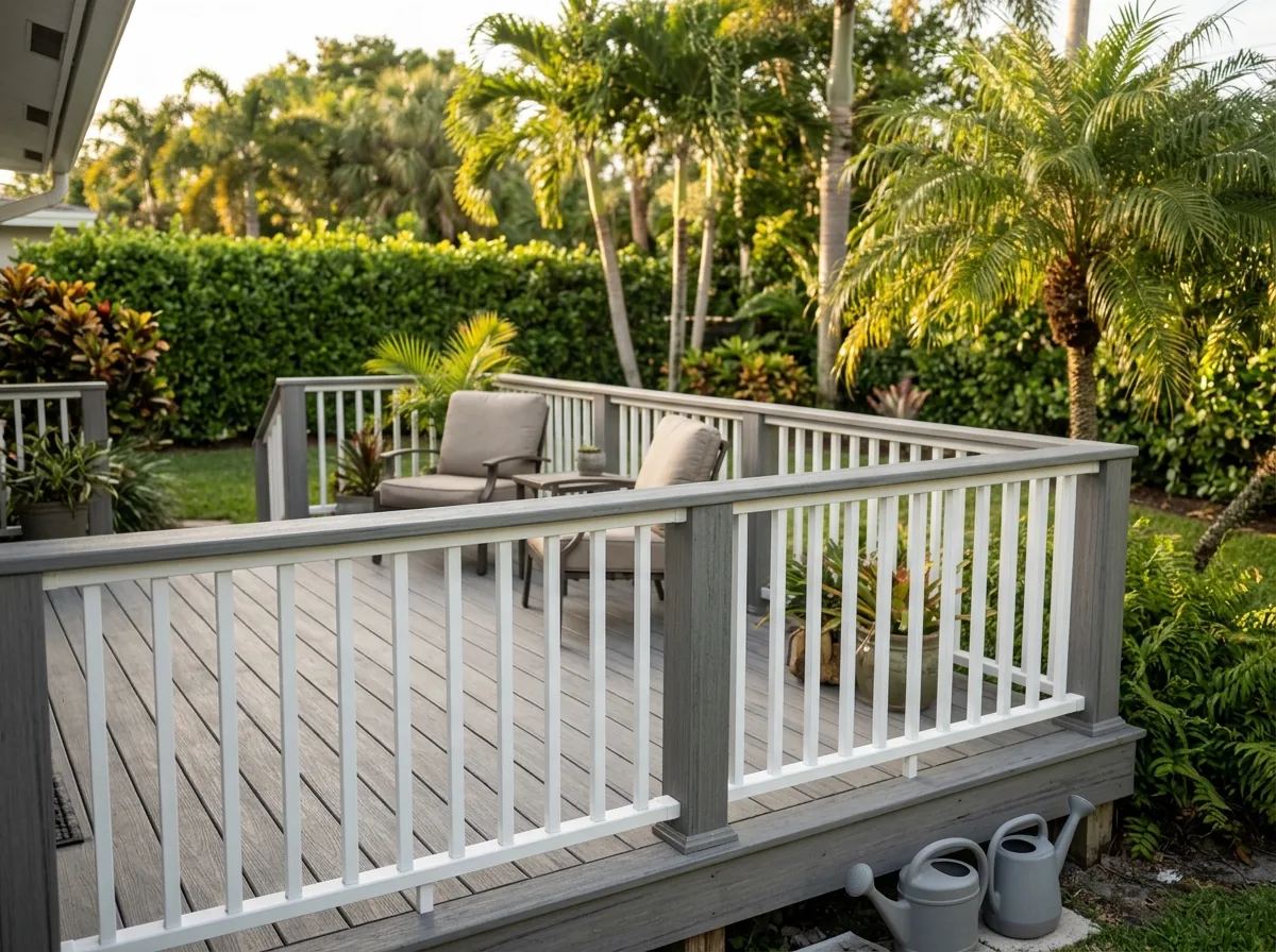 Gray composite top rail and white balusters on a composite deck behind a Florida home