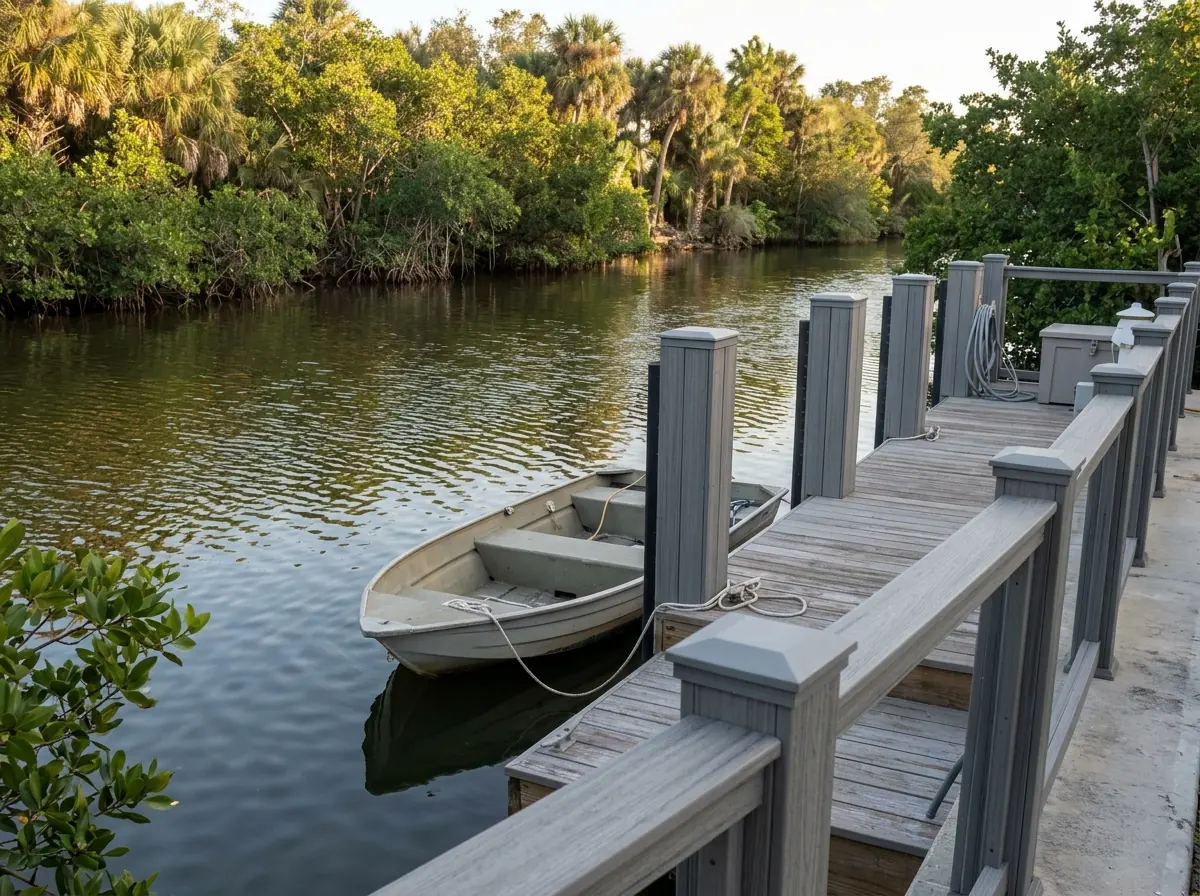 Gray composite railing with matching posts on a dock beside a moored boat