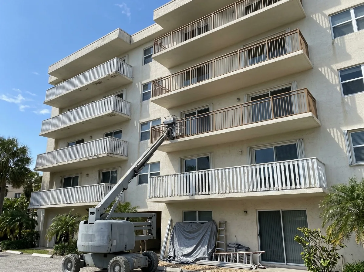 Row of condominium balconies, half with old white pickets and half with new bronze aluminum railings
