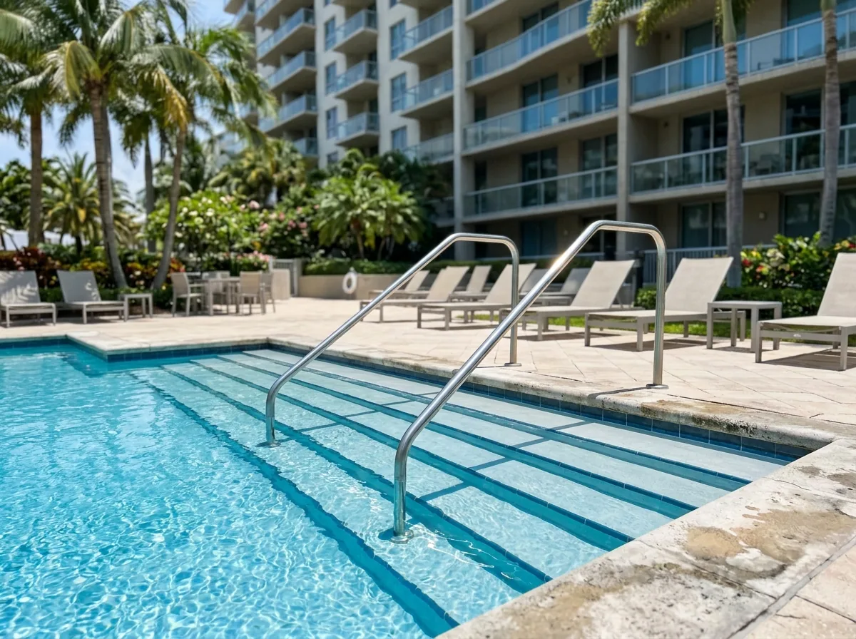 Twin stainless handrails along accessible stairs into a condominium swimming pool
