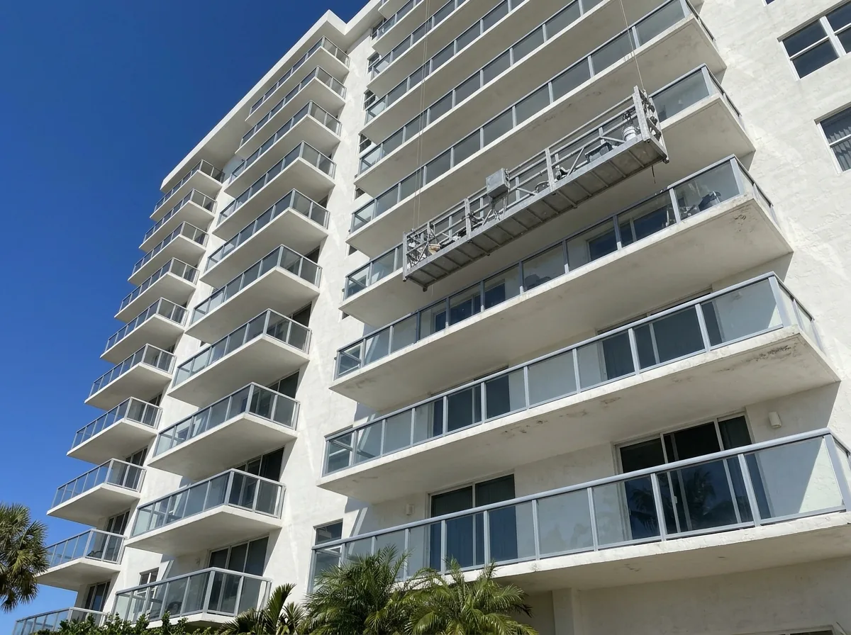 New aluminum and glass railings on the upper balconies of a condominium tower
