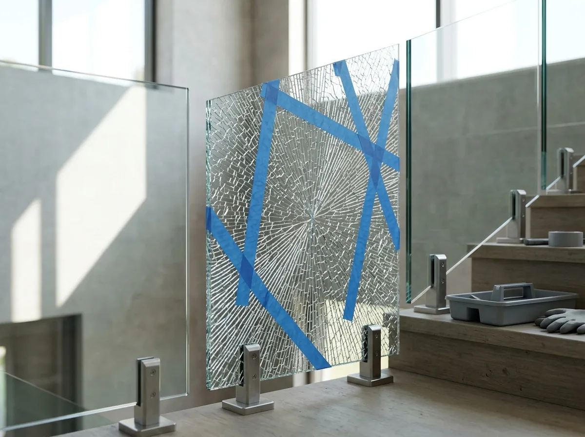 Glass stair railing with one cracked panel taped off between two intact panels