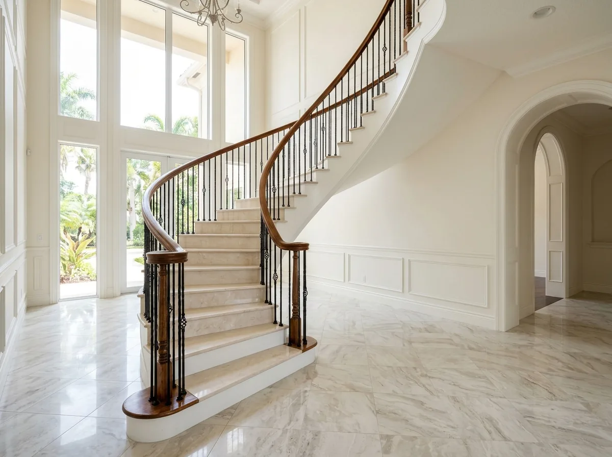 Black iron balusters and a continuous curved wood handrail following a sweeping staircase