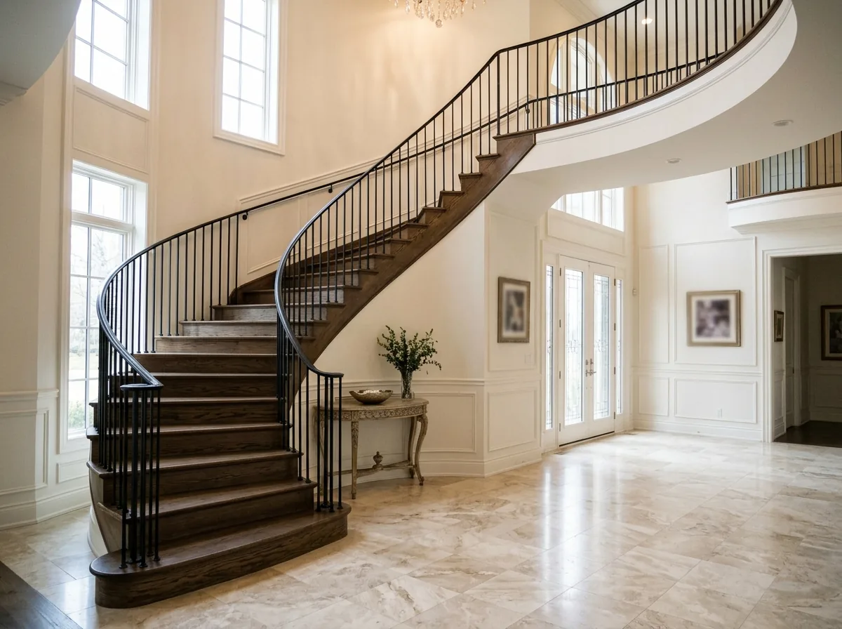 Black iron railing following a curved staircase in a two-story foyer