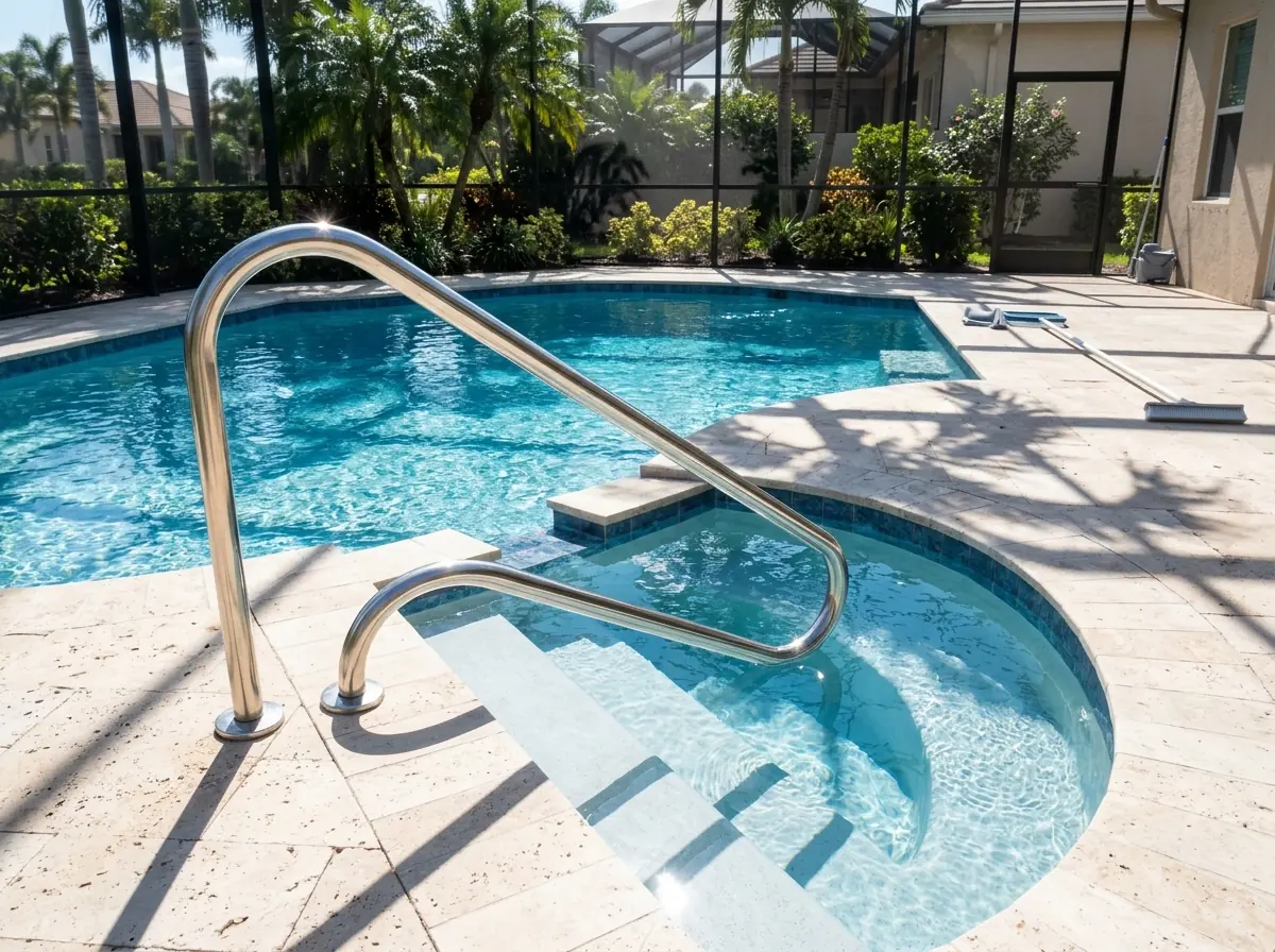 Polished stainless steel handrail curving from the pool deck down into the water beside wide pool steps