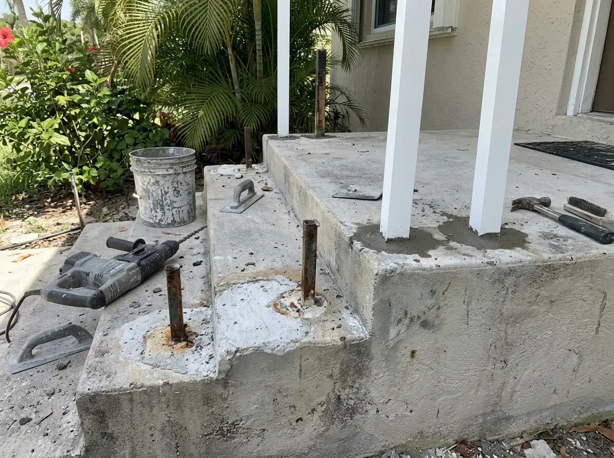 Rusted iron railing posts removed from concrete entry steps, with new aluminum posts set beside the old holes
