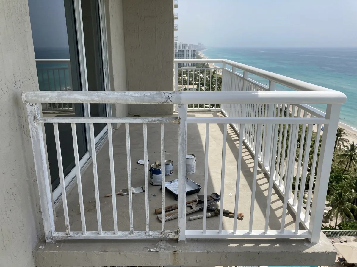 Chalky faded white aluminum railing next to a freshly refinished section on a balcony