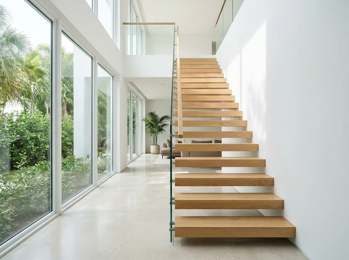 Glass panel railing beside floating wood treads mounted to a white wall