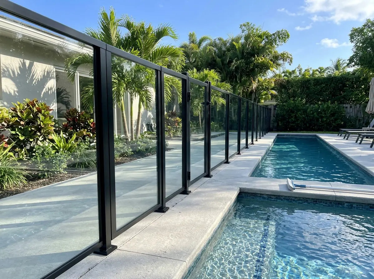 Glass pool fence panels between black aluminum posts with a slim top rail beside a backyard pool