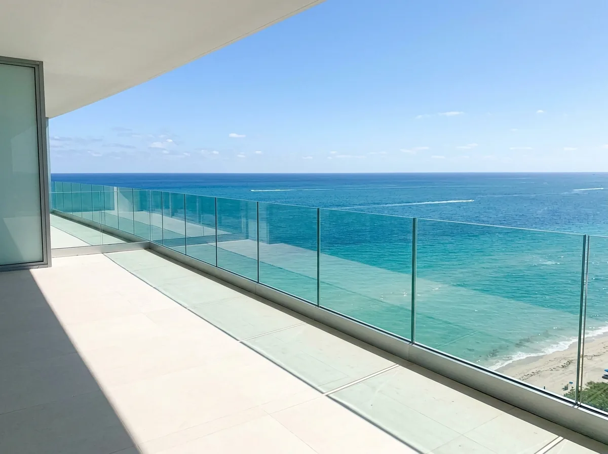 Frameless laminated glass panels in an aluminum base shoe on a condominium balcony overlooking the ocean
