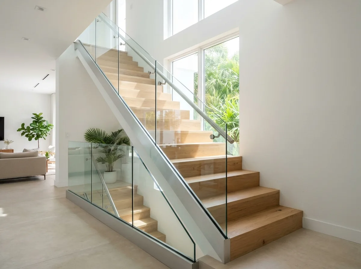 Frameless laminated glass panels set in a continuous aluminum base shoe on a staircase
