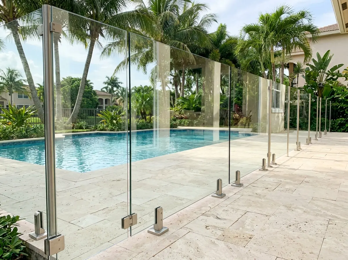 Frameless clear glass pool fence panels held by stainless spigots on a travertine pool deck