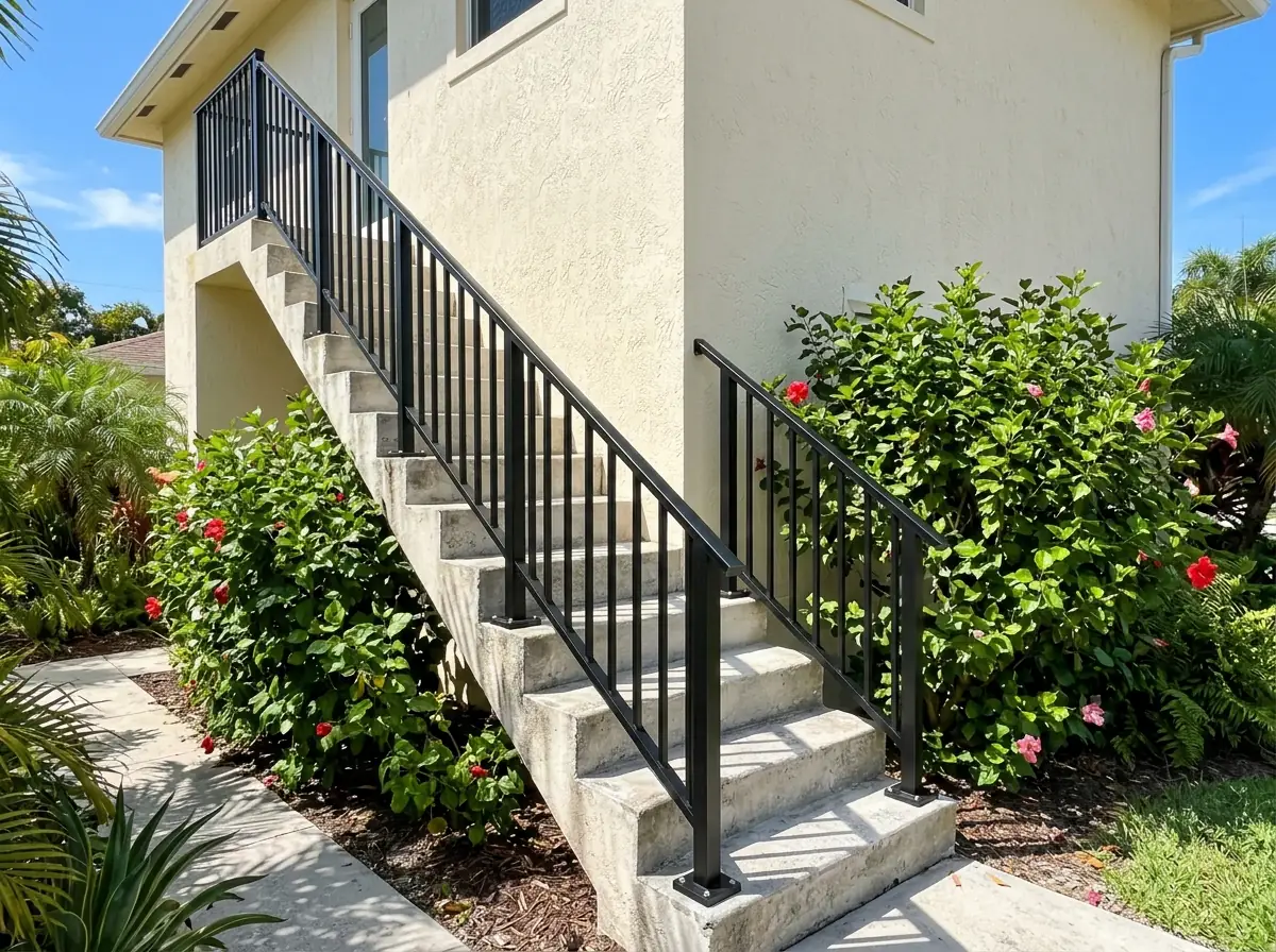 Galvanized, black powder-coated steel railing beside the concrete side steps of a stucco home
