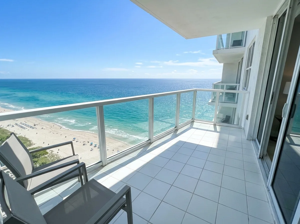 Glass balcony railing on an oceanfront condominium balcony