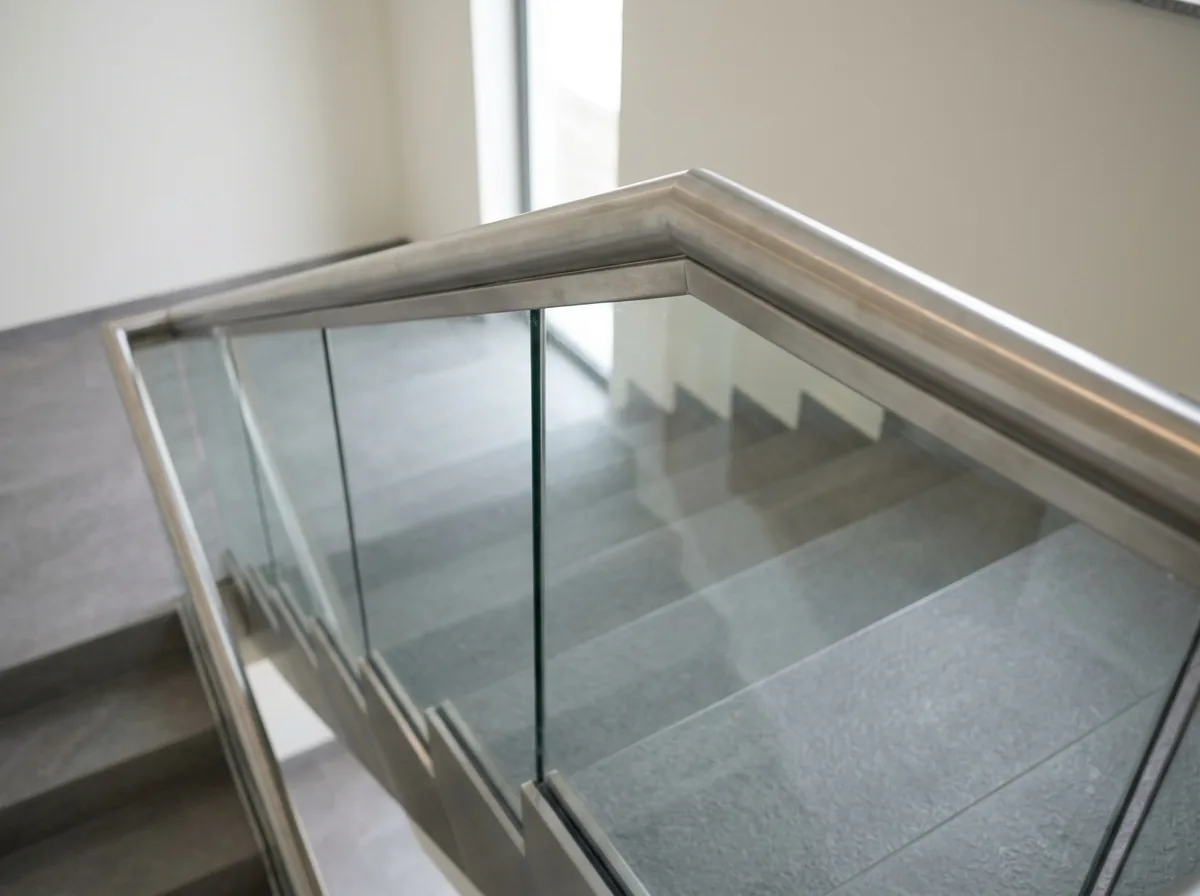 Glass stair railing with a round stainless handrail cap running along the top edge