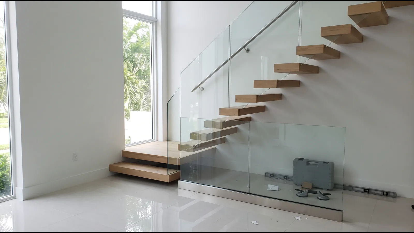 Frameless glass stair railing on a floating oak staircase in a bright modern home