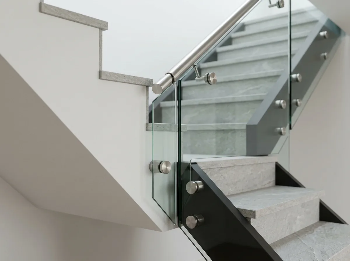 Clear glass stair railing panels fixed with stainless standoff pins