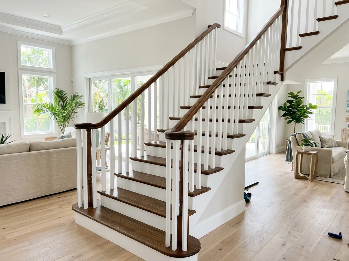Stained wood handrail capping white balusters along the open side of a stair