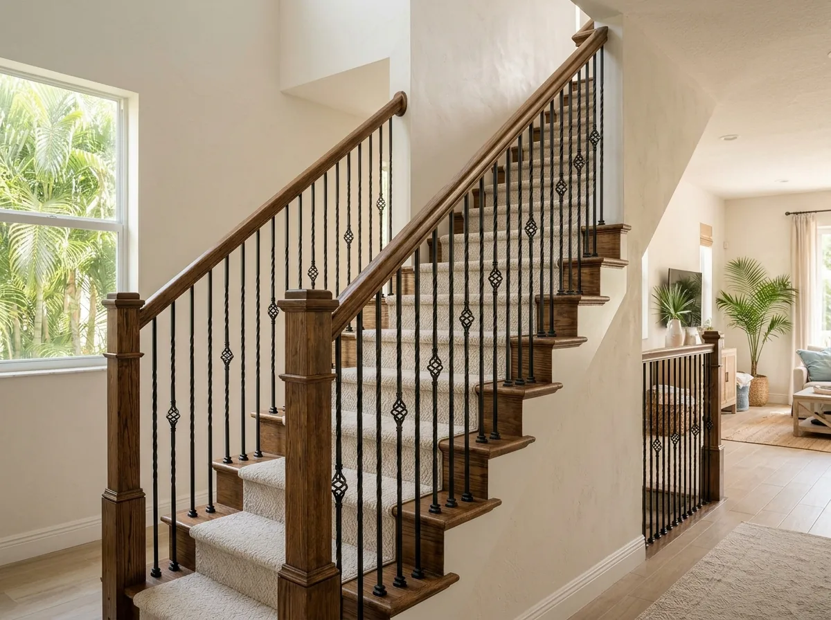 Black iron balusters with twist and basket details under a stained oak handrail on a carpeted staircase