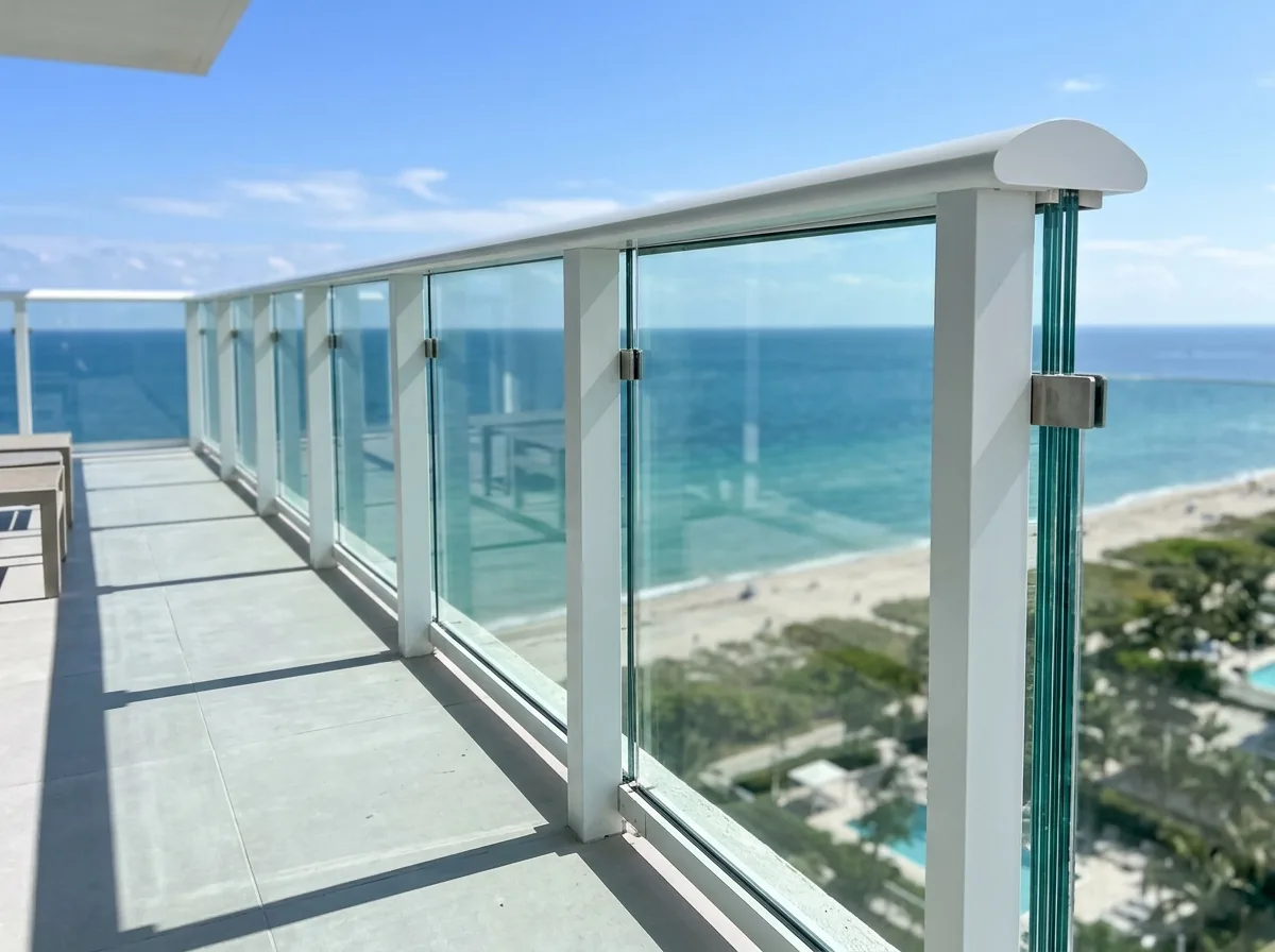 Laminated glass panels set between aluminum posts under a continuous top rail on a high-rise balcony