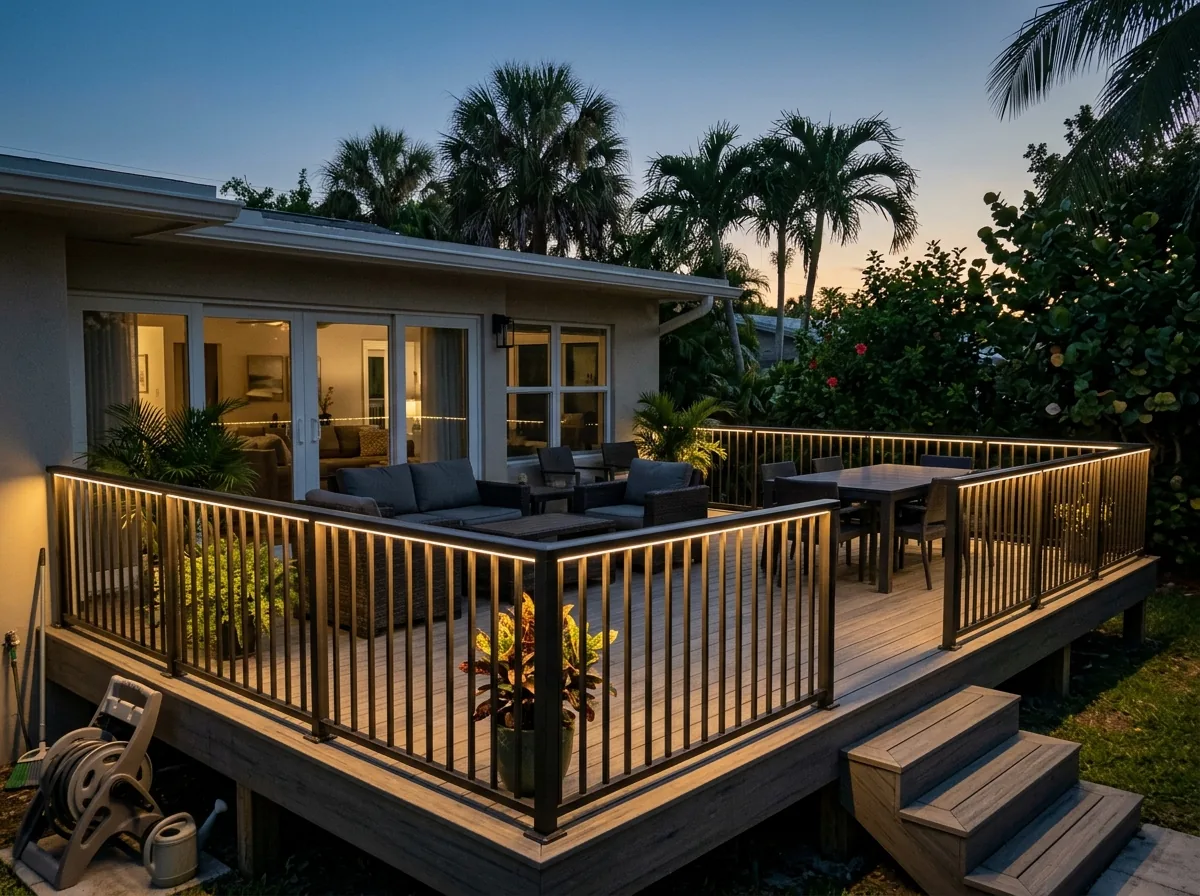 Warm LED strip glowing under the top rail of an aluminum deck railing at dusk