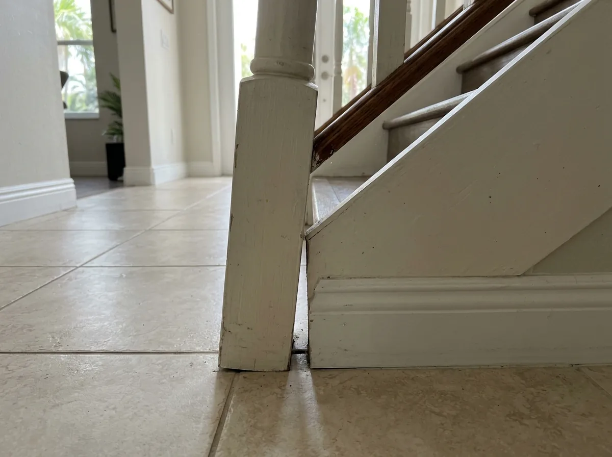 Loose wood newel post at the foot of an interior staircase with its base trim pulled away