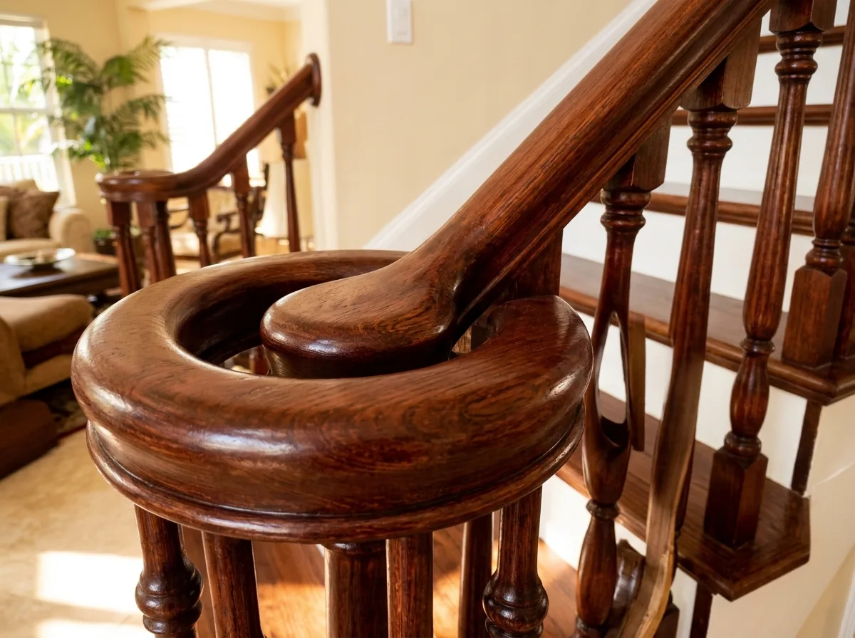 Dark mahogany-tone handrail with a curved starting volute over the first stair tread