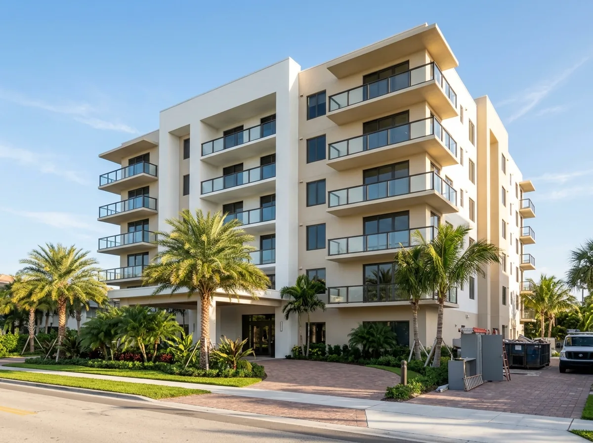Engineered glass and aluminum railing system on a row of new condominium balconies