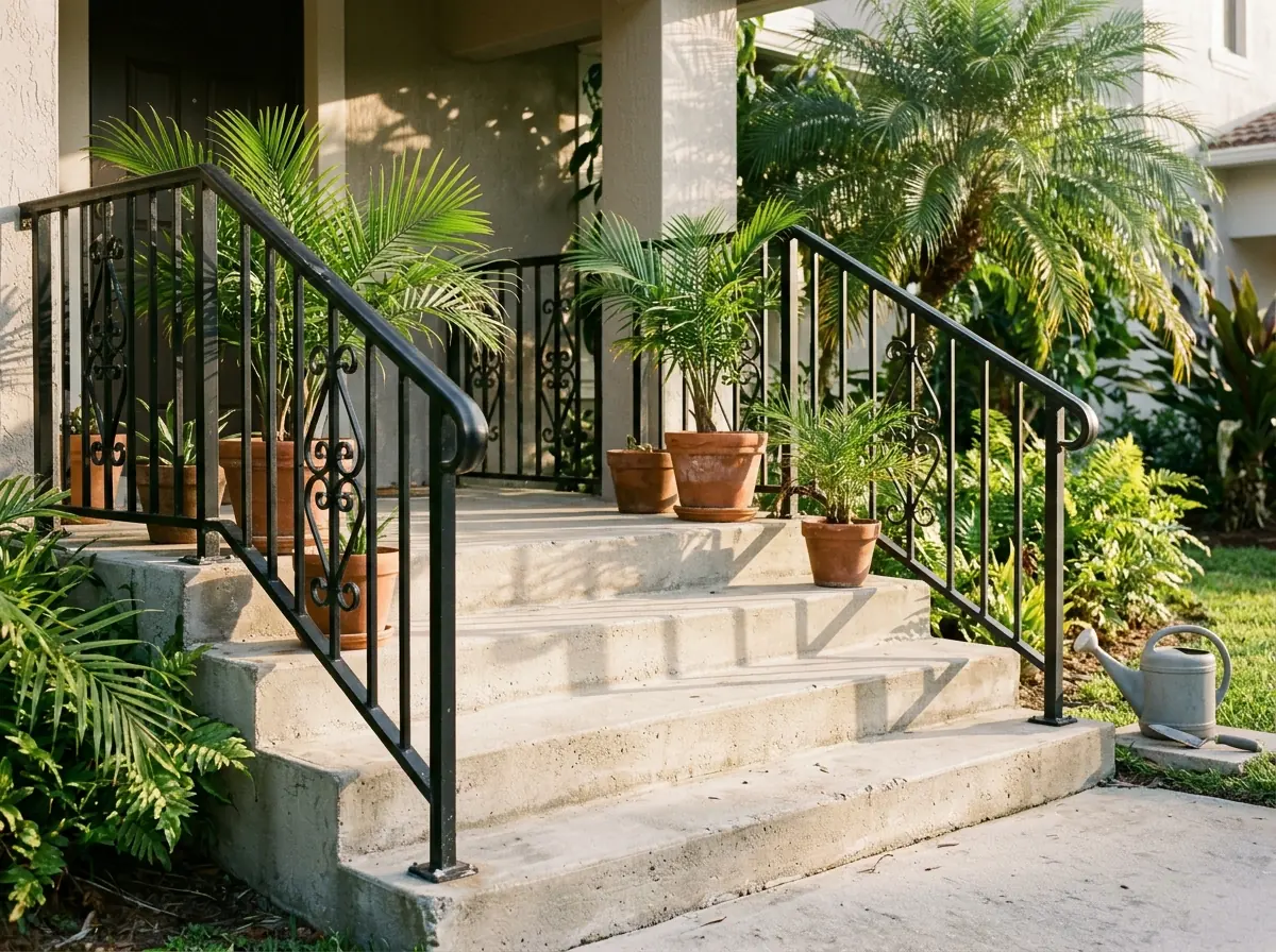 Black ornamental iron stair railing with scroll panels and a curved top rail at a home entrance