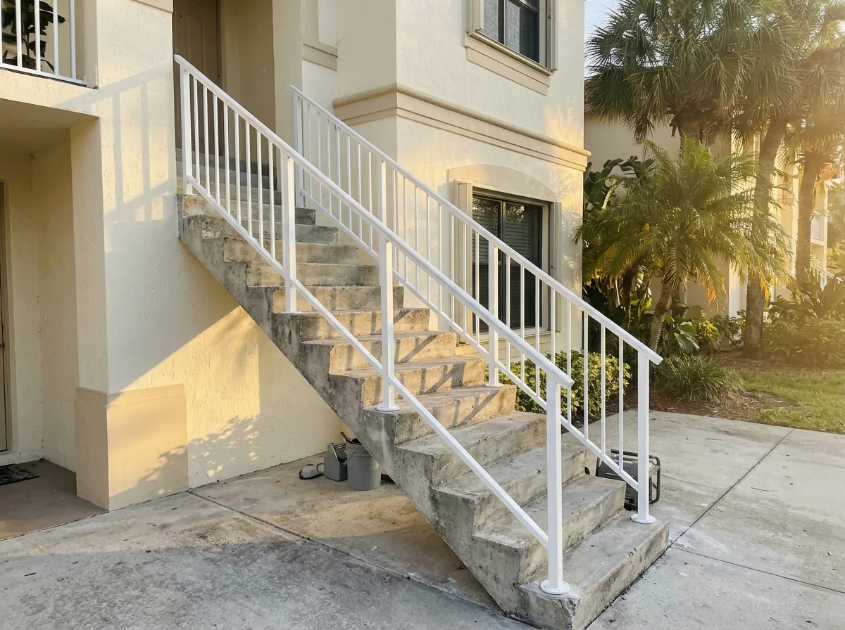 White aluminum railing on exterior concrete stairs of a townhouse