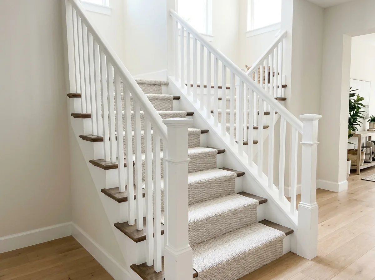 White painted wood handrail and square balusters on a carpeted interior staircase