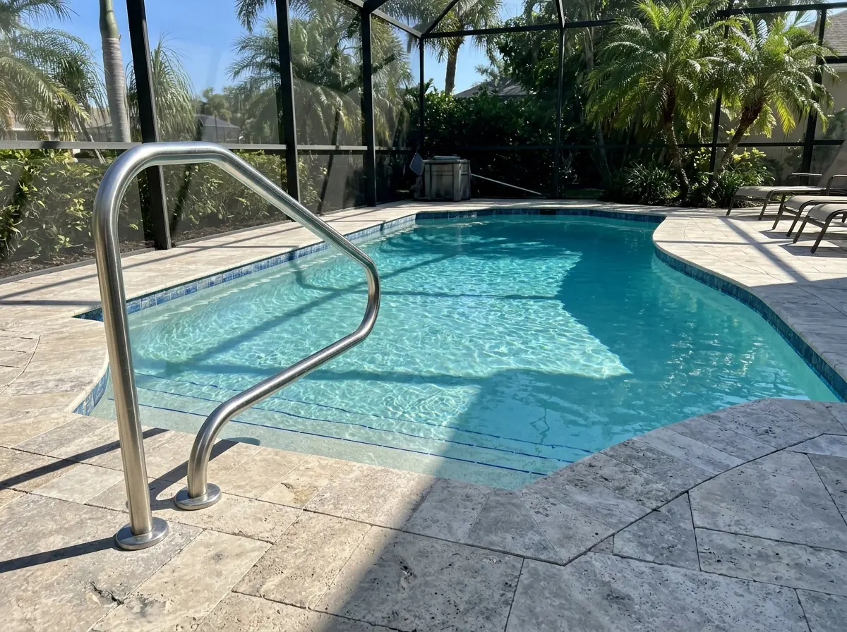 Curved stainless handrail at the steps of a residential pool